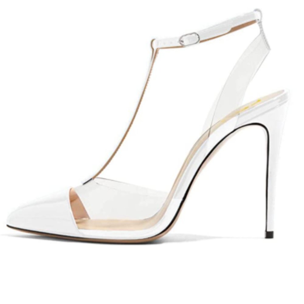 FSJ White Clear T-Strap Stiletto Heel Sandals